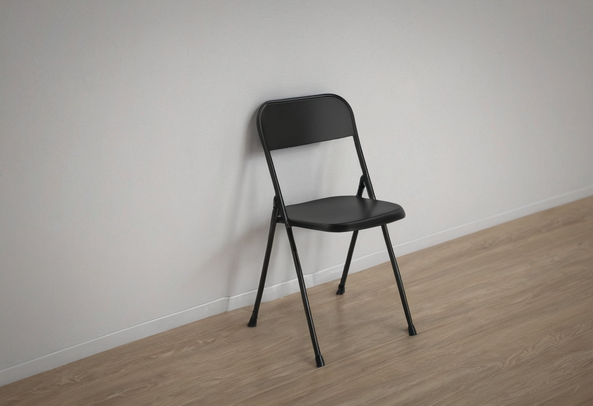 Black metal chair standing open against a white wall on a light wood floor.