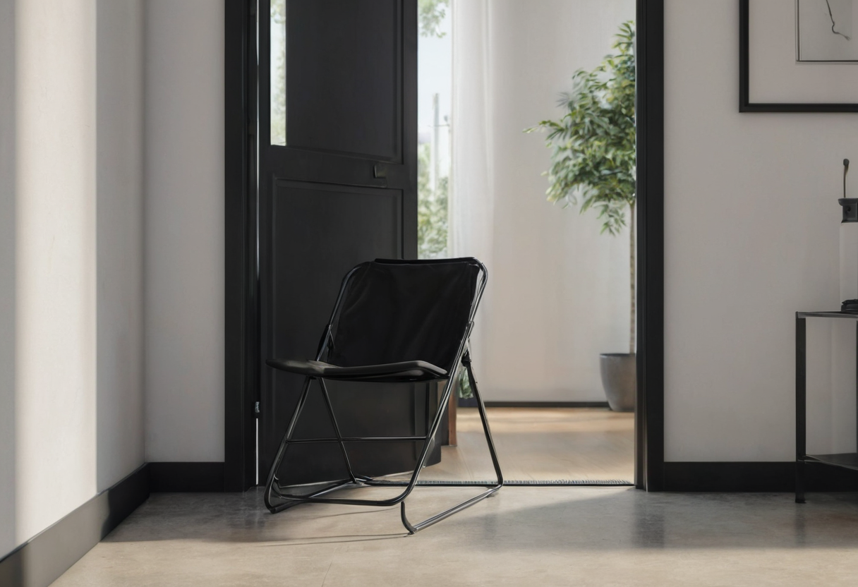 Black fabric and metal chair standing open within a broad interior doorway with clear floor space around it.