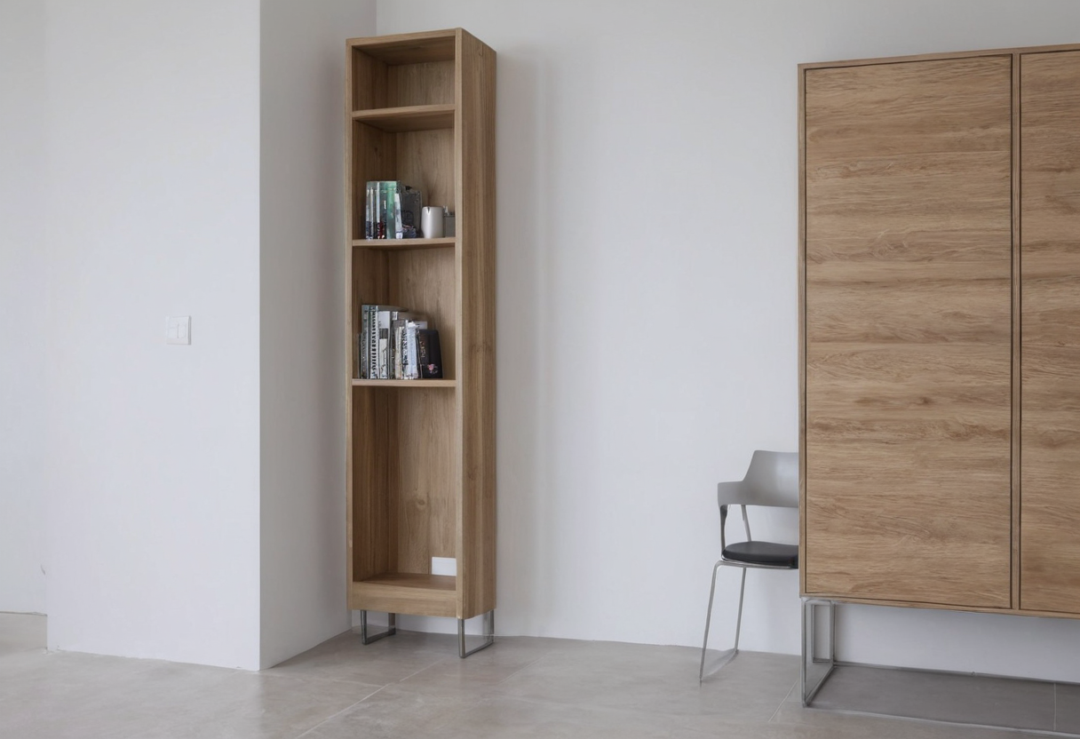 White and black chair partly visible in the gap between a narrow wooden bookcase and a larger wooden cabinet.