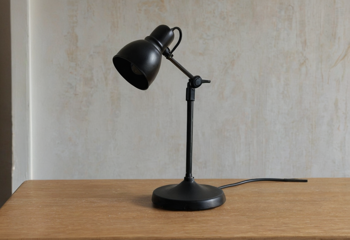 Black articulated task lamp with a round base on a wooden desk, cord trailing to the right.
