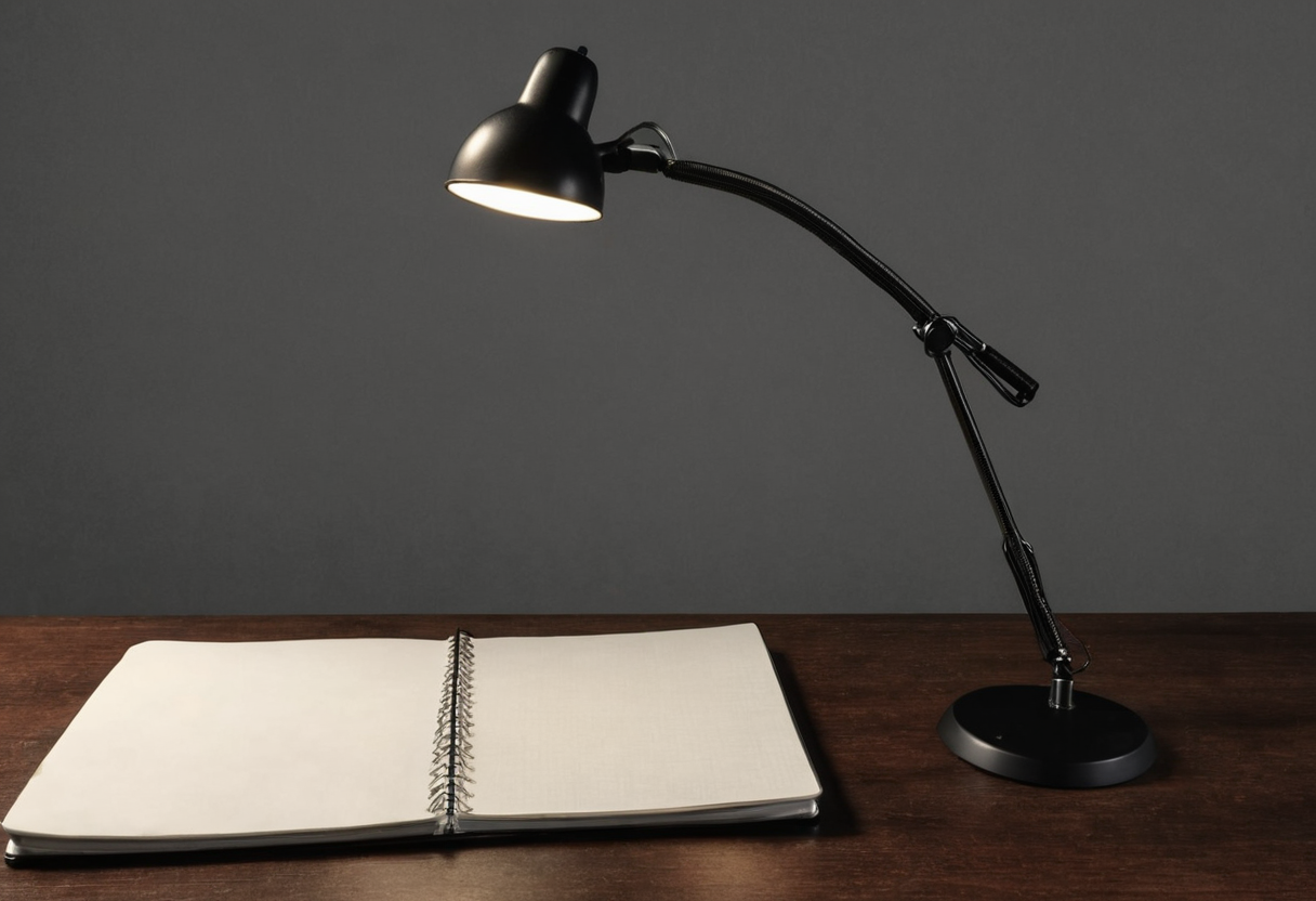 Lit black articulated task lamp reaching over an open spiral notebook on a dark wooden desktop.
