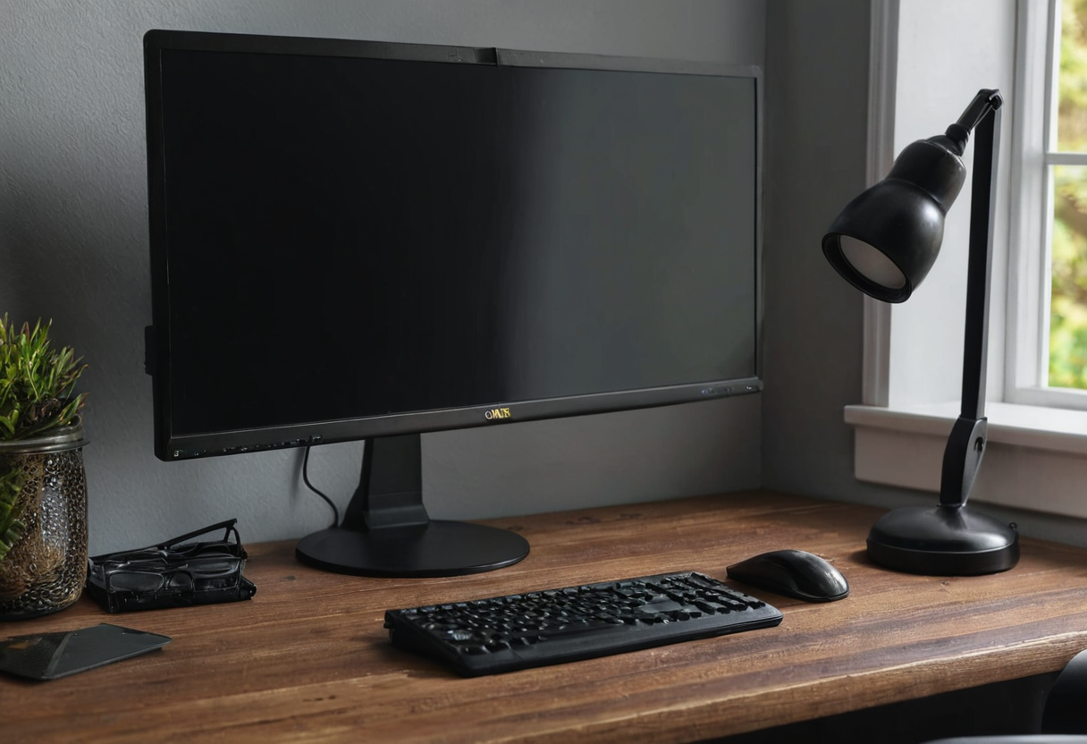 Black adjustable desk lamp positioned to the right of a dark-screen monitor on a wooden desk near a window.