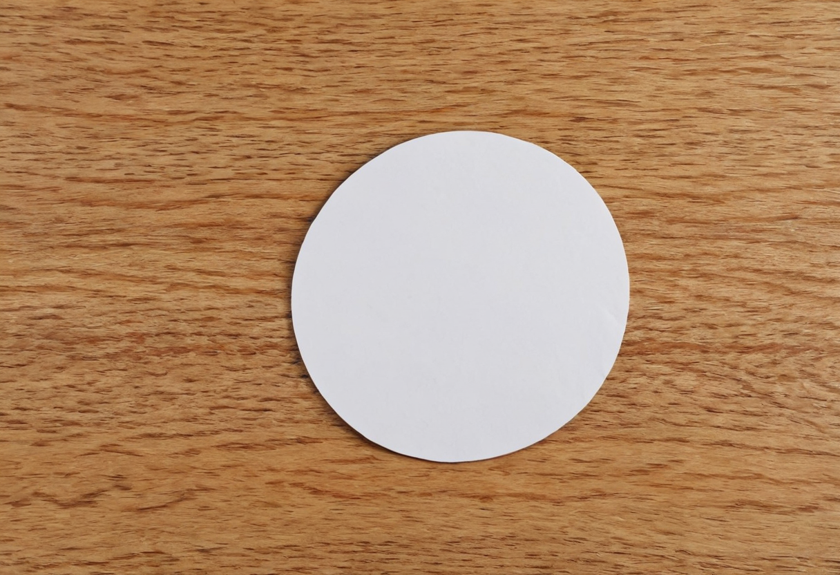 Overhead view of a plain white paper circle lying flat on a wooden tabletop.