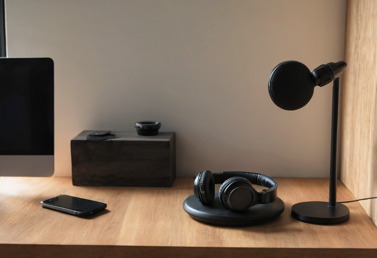 Black desk lamp at the right of a wood desktop, black over-ear headphones on a round pad at center, part of a dark monitor and a phone at left.
