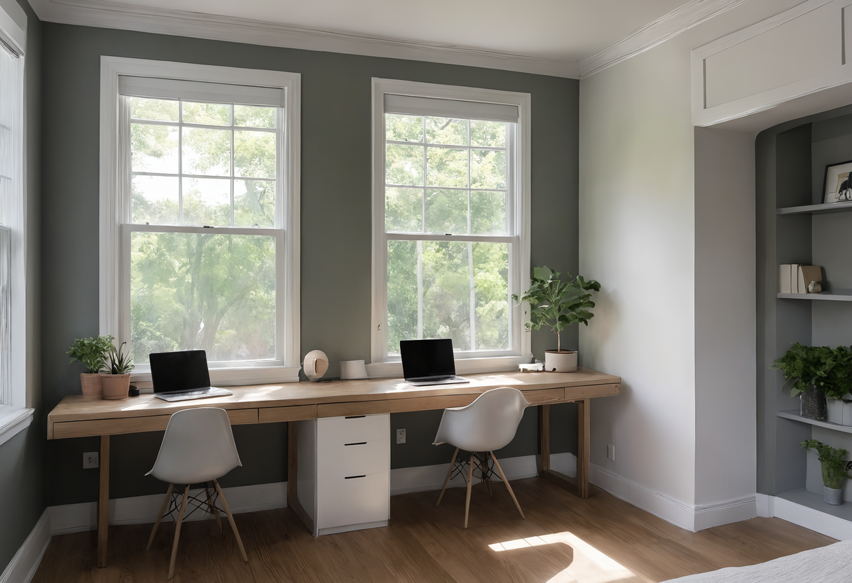 Long wooden desk under two windows with two laptops and two white chairs in a grey-green room