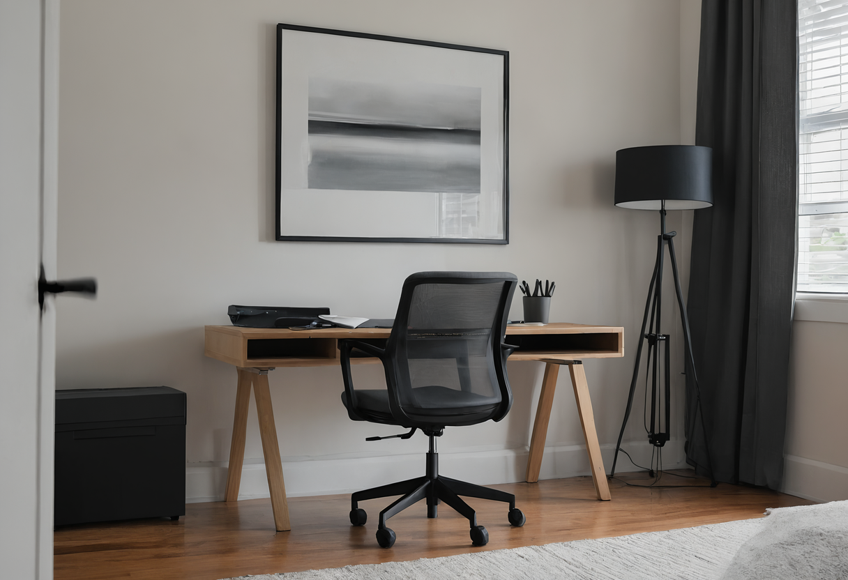 Black mesh office chair pushed back from a light wood desk on a hardwood floor
