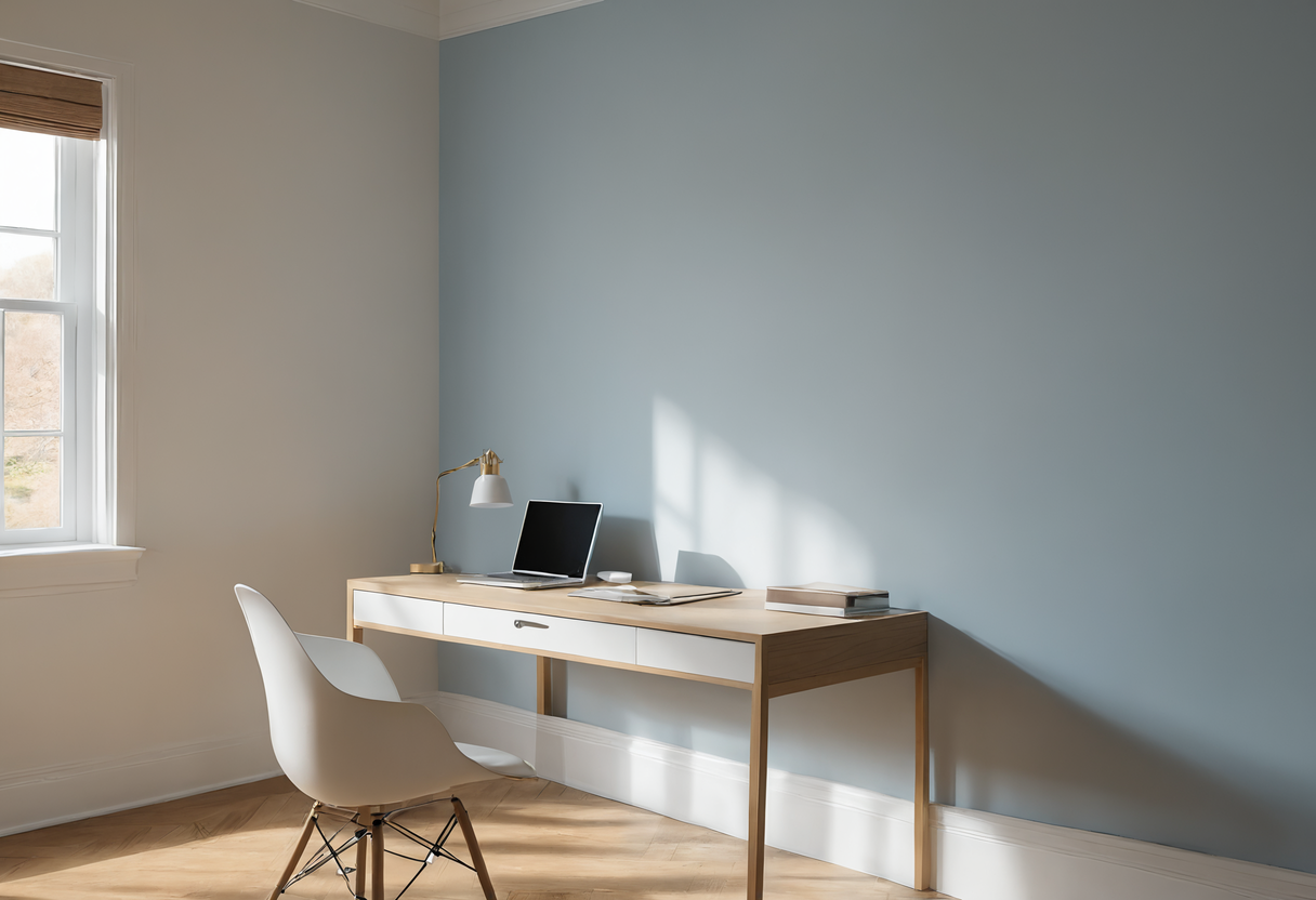 Light wood desk with a laptop against a blue-grey wall, white chair, daylight from the left