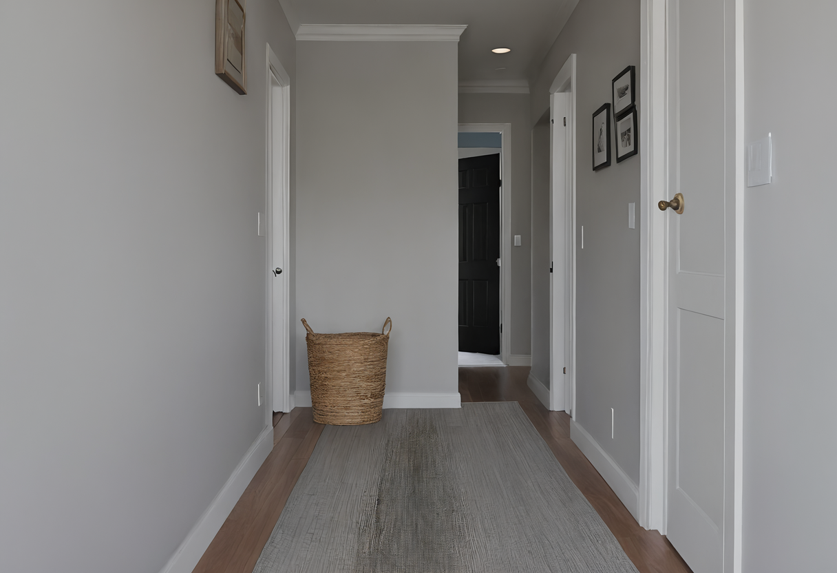 Narrow carpeted passage past white doors with a woven basket on the floor