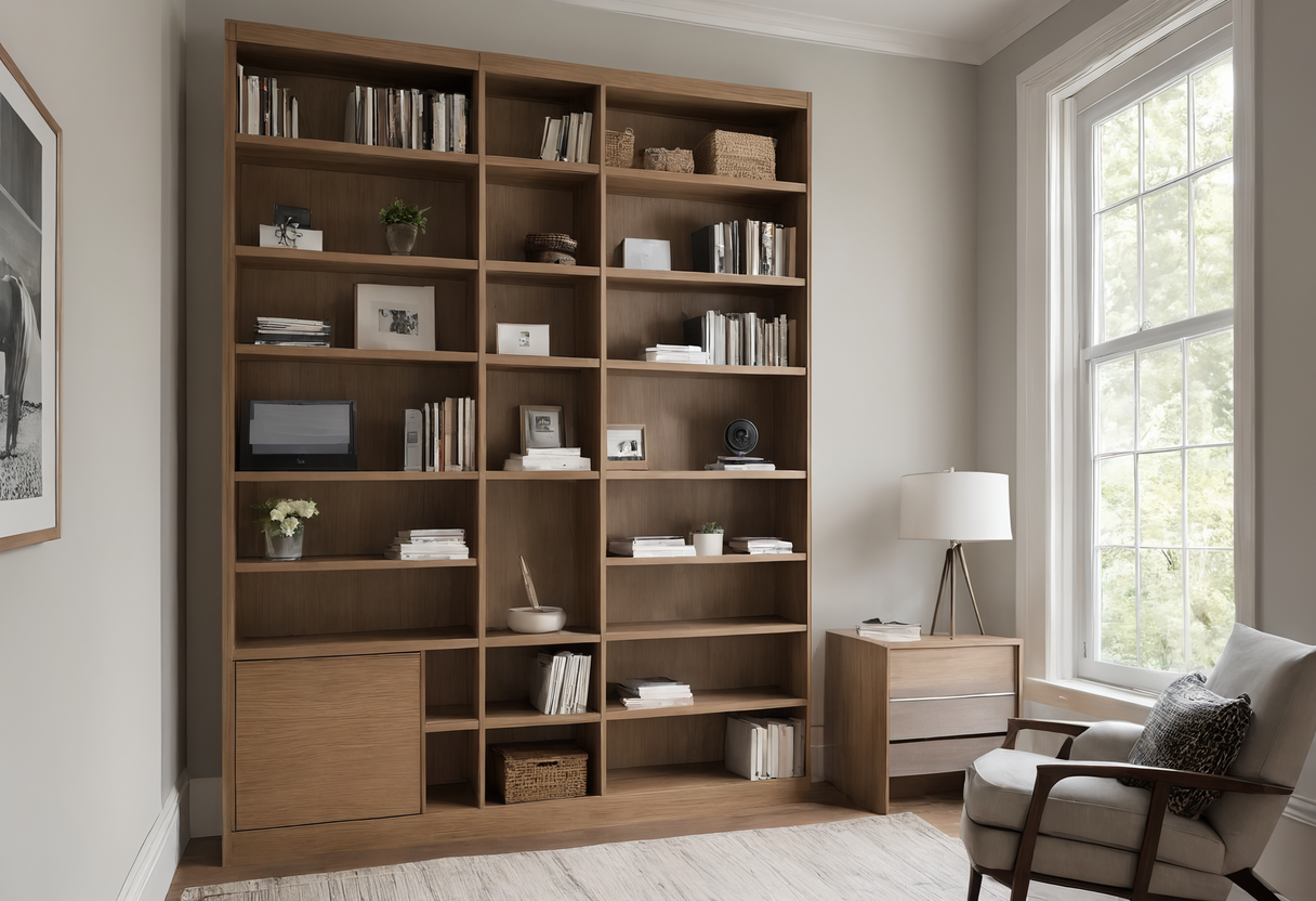 Tall oak bookshelf with books and boxes beside a window and an armchair