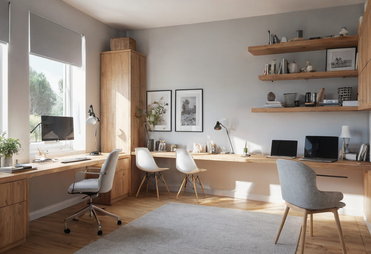 A bright room with three desk zones arranged along two walls, featuring mixed chairs, laptops, shelves, and a clear rug-covered central floor area.