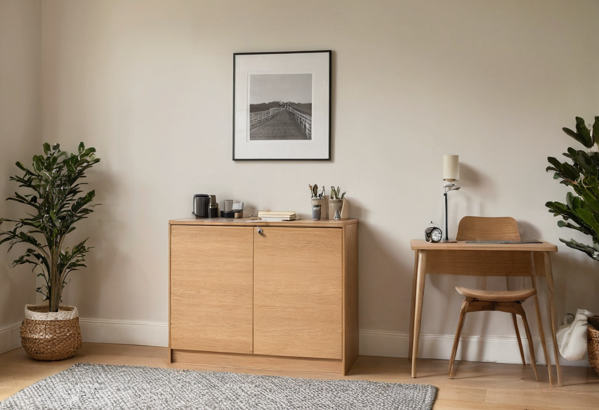 A plain closed two-door wooden cabinet against a neutral wall beside a small writing desk and chair.
