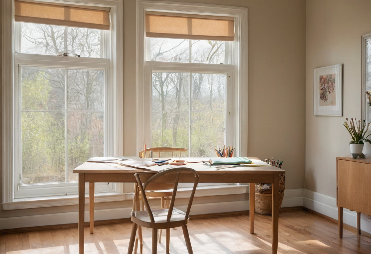 A rectangular wooden table holding sheets of paper and pencils, positioned in front of tall windows with two wooden chairs.