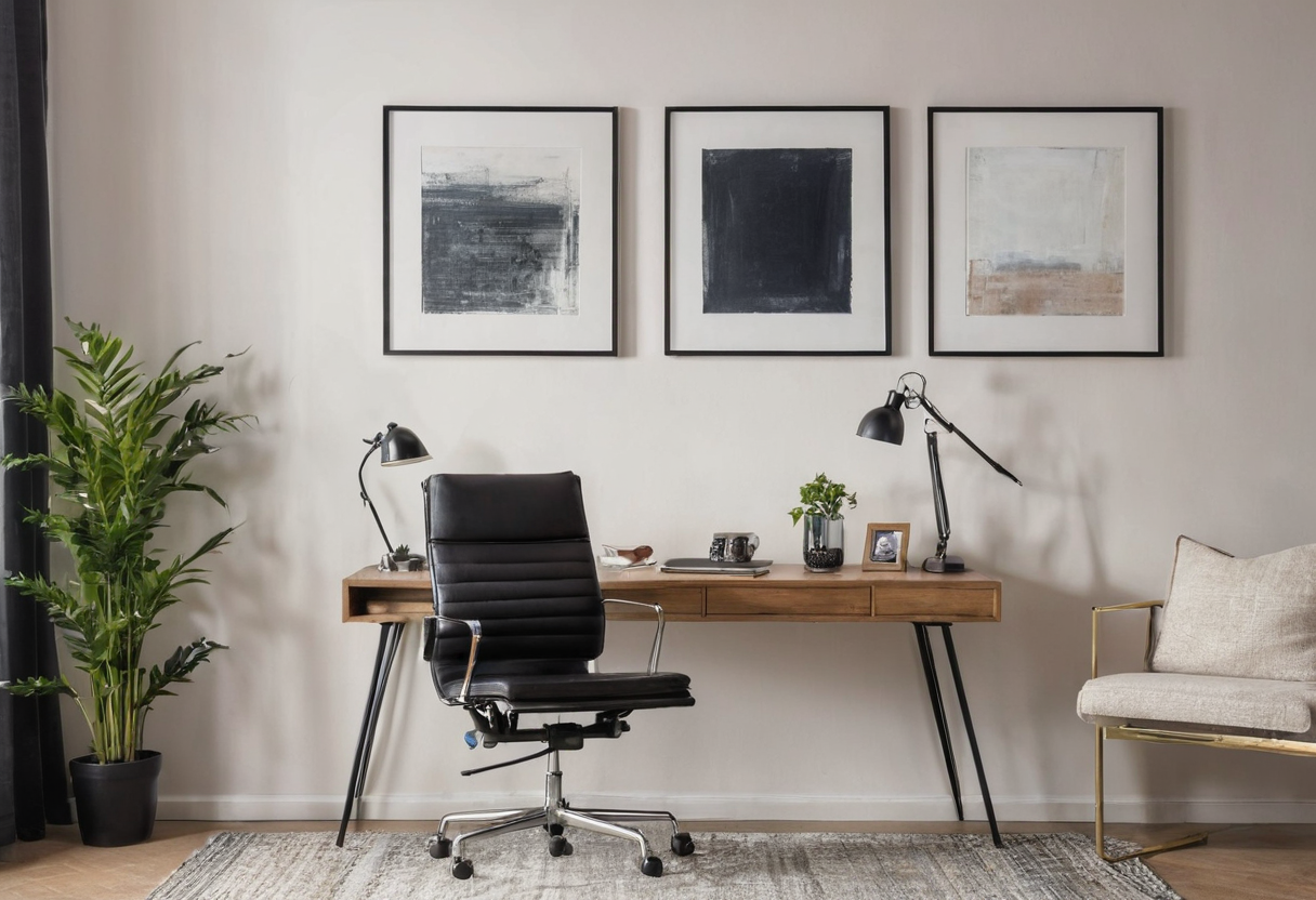 Three framed abstract prints hang above a narrow wooden desk equipped with two desk lamps, a black rolling office chair, and an upholstered accent chair nearby.