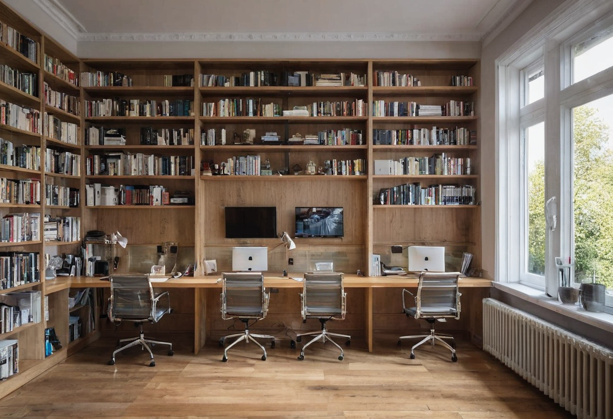 A long built-in wooden desk wall with four office chairs, bookshelves, and a clear strip of wood floor visible in front.
