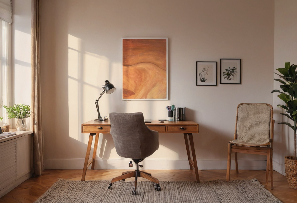 Wooden writing desk and gray office chair below one large abstract painting and two smaller framed prints, with sunlight entering from a window at the left.