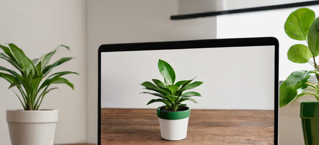 Cropped upper portion of a laptop display showing a potted green plant against a white wall, flanked by similar real plants on both sides.