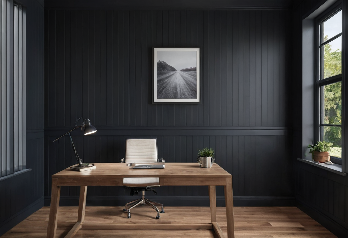 Dark vertical-paneled wall behind a wooden desk and white chair, featuring a framed monochrome print, with windows visible on both sides.