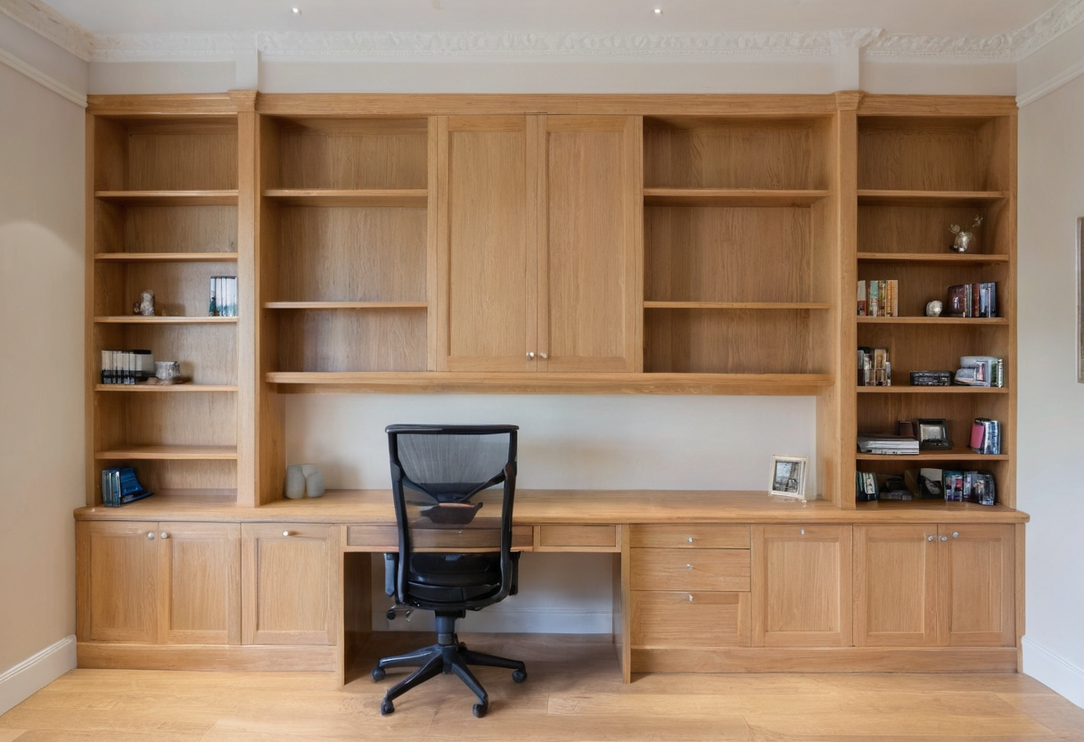 Wall of built-in oak shelves and closed cabinets framing a central desk and black chair, with books visible on the side shelves.
