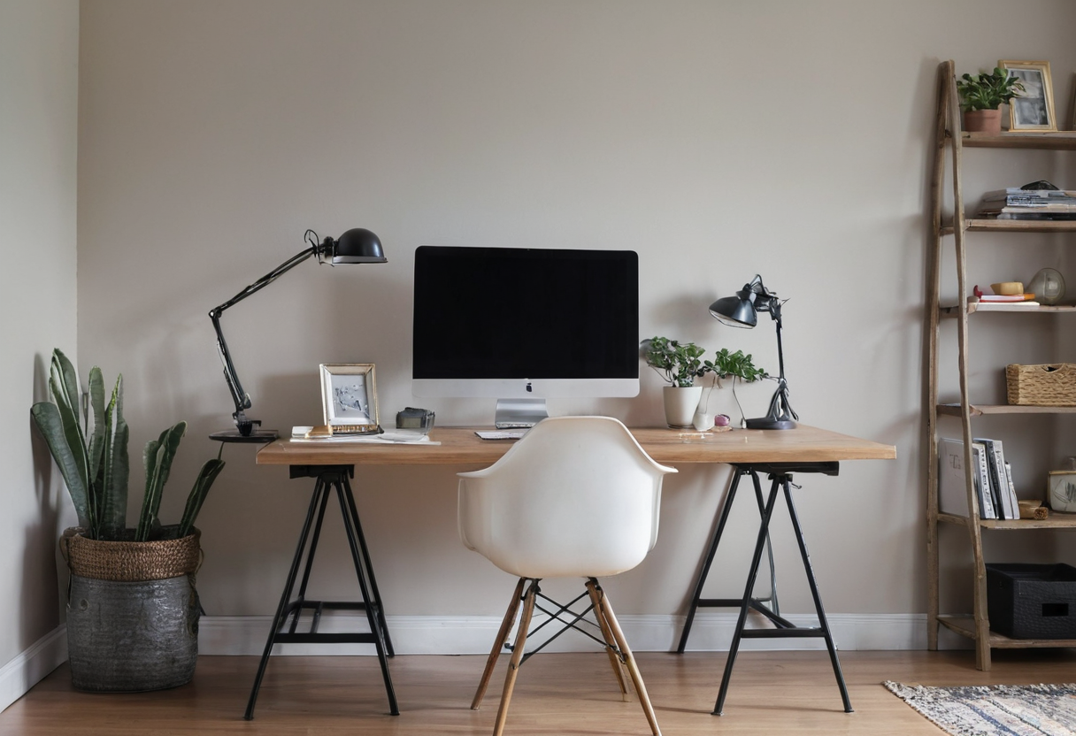 Simple wood desk with a dark-screen monitor and two black task lamps against a mostly plain pale wall, a white chair, and a plant and shelf at the edges.