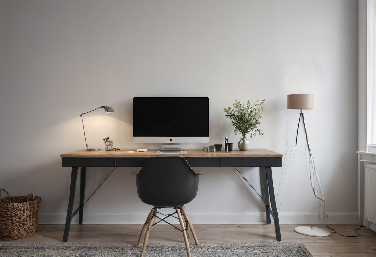 A desk faces a plain wall with a dark-screen desktop monitor, a small adjustable desk lamp, and a potted plant. A chair is tucked in. A tall window is visible at the far right.