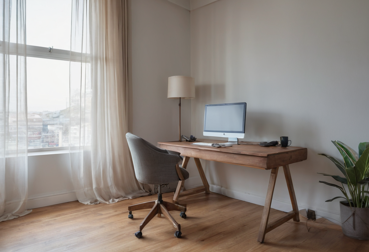 A wooden desk holds a monitor facing the wall. A light upholstered swivel chair sits beside a large window with sheer curtains. A floor lamp stands nearby.