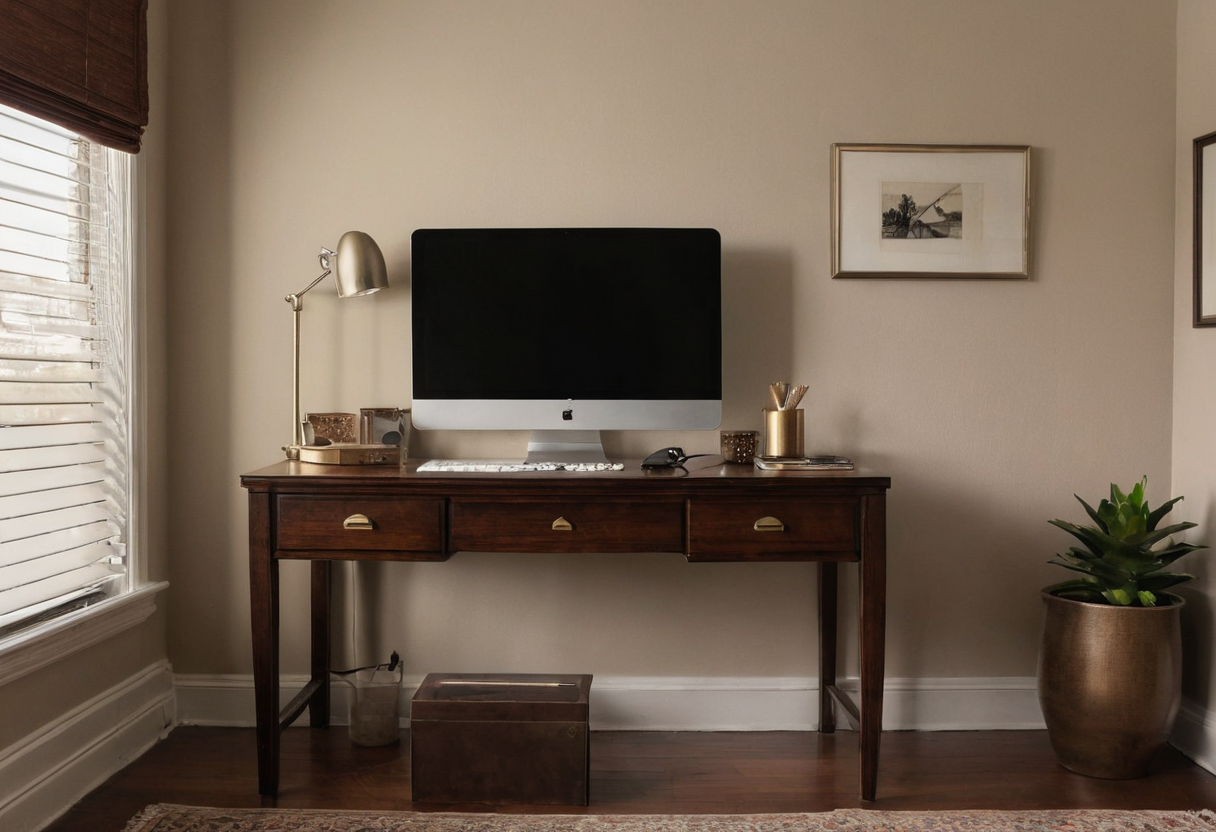 A dark wooden writing desk holds a black-screen monitor against a pale wall. A partly lowered window shade is on the left, alongside a desk lamp and a potted plant.