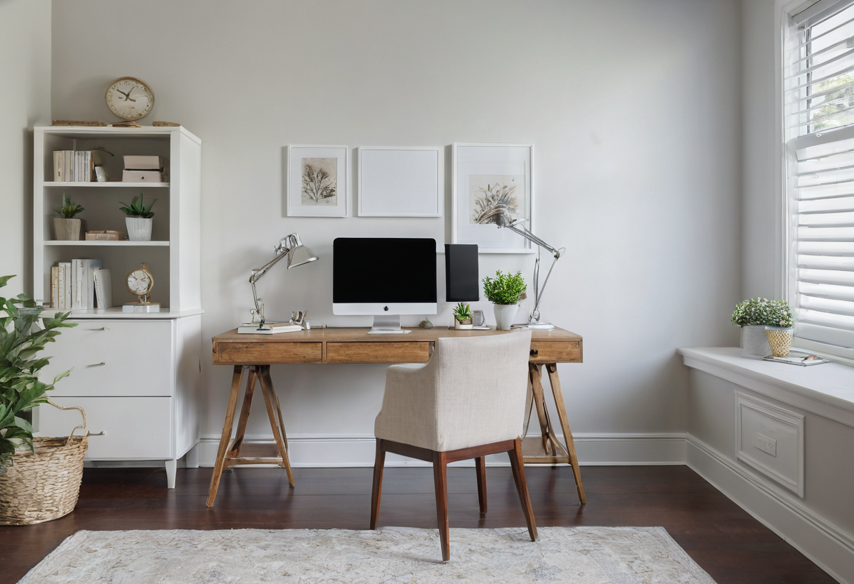 A single wooden desk sits against a wall holding a blank-screen monitor and a smaller dark side screen. Two task lamps are on the desk. A bookcase is on the left and one window is on the right.