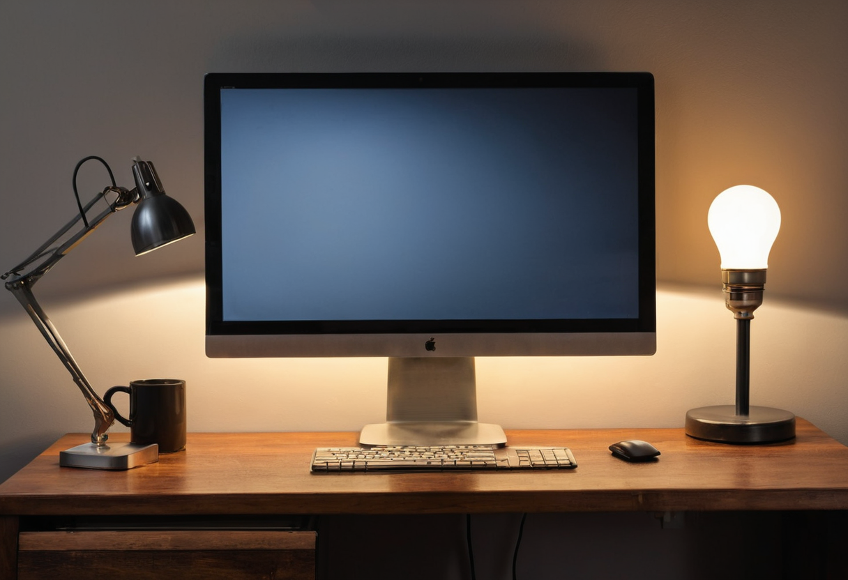 A dark-screen monitor rests on a wood desk. A freestanding adjustable metal lamp is on the left and a glowing bulb lamp is on the right. No clamp is visible on either lamp.